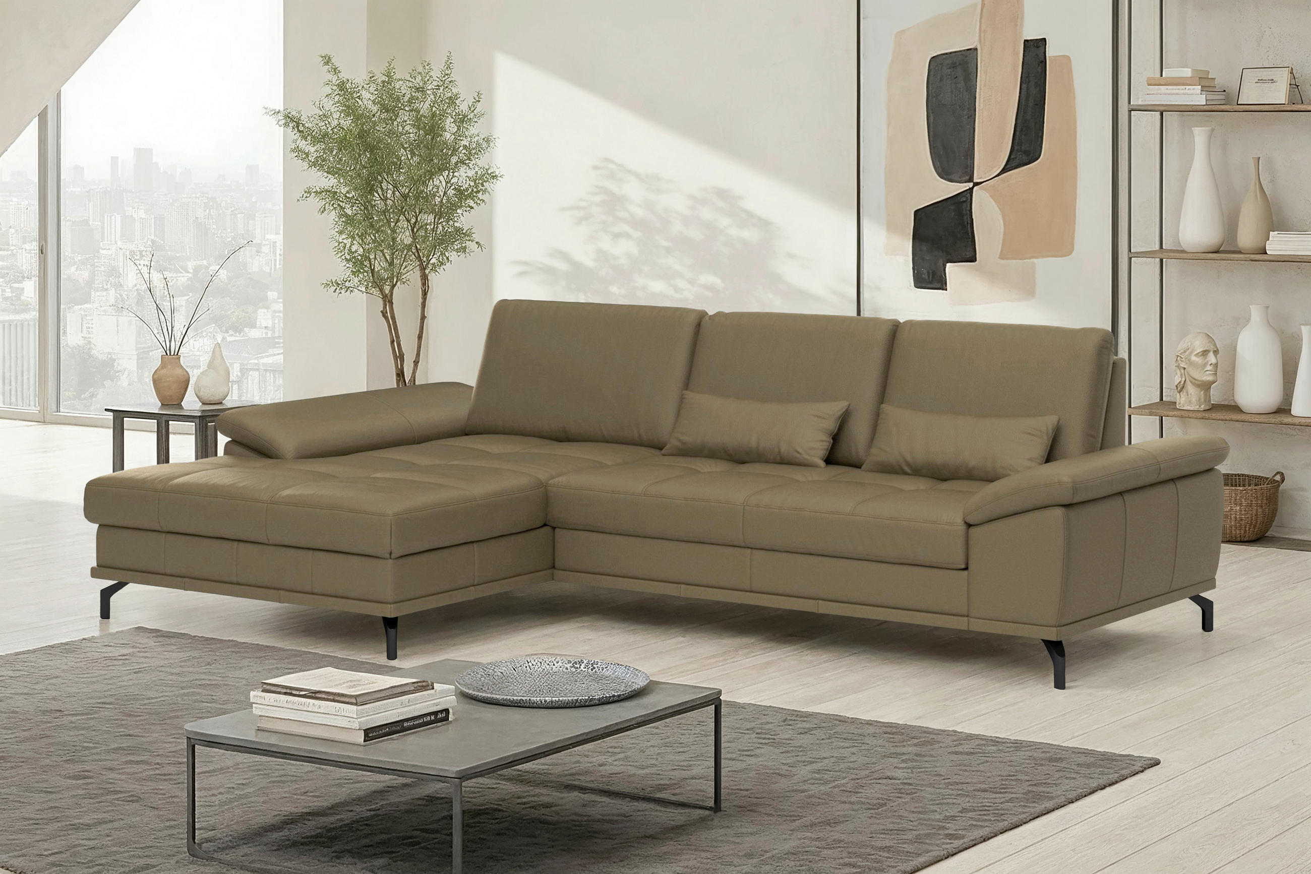 ROHOVÁ SEDAČKA, koža, olivovozelená - olivovozelená/čierna, Basics, kov/koža (176/301cm) - Sit & More
