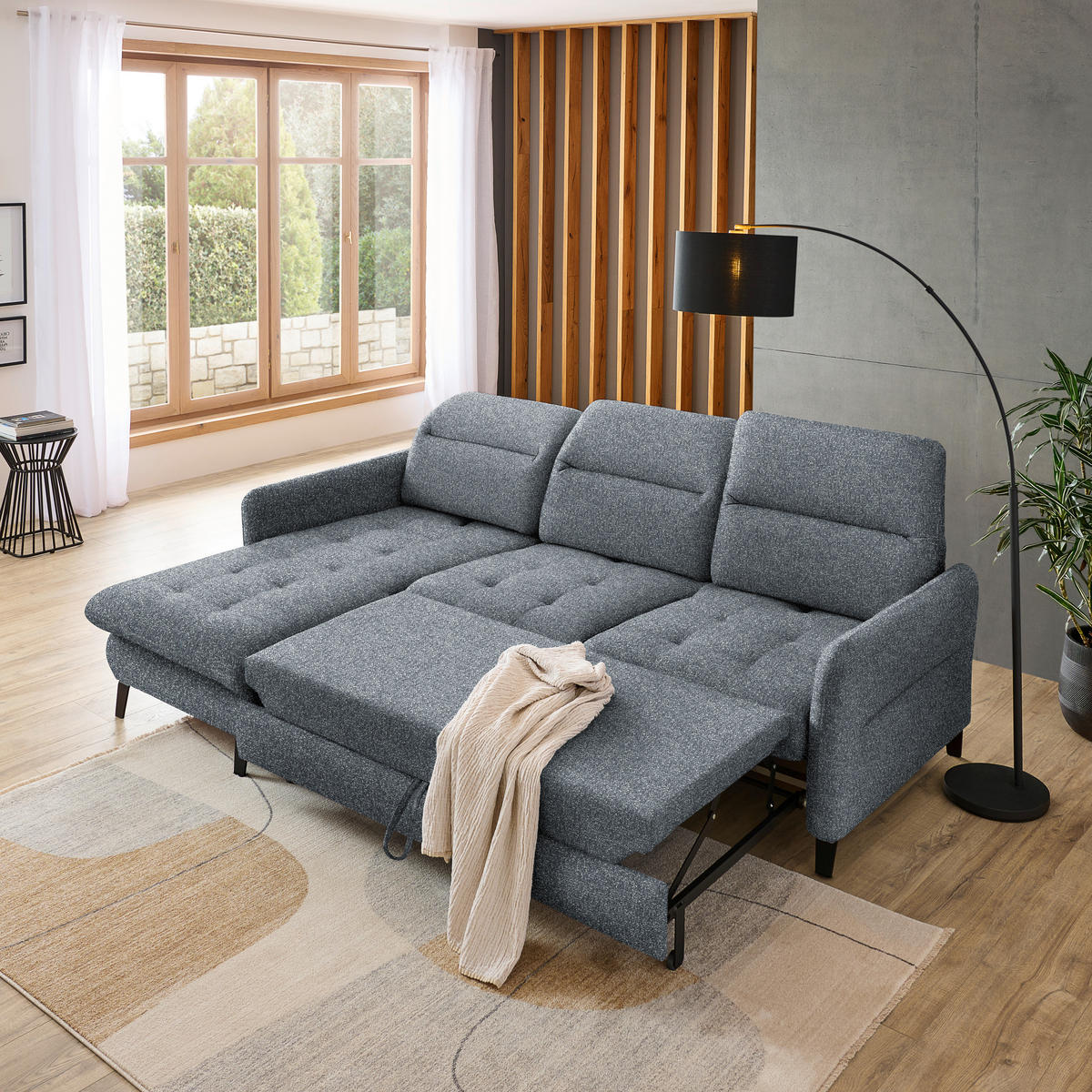 ECKSOFA Dunkelgrau Plüsch  - Dunkelgrau/Schwarz, KONVENTIONELL, Textil/Metall (190/254cm) - Livetastic