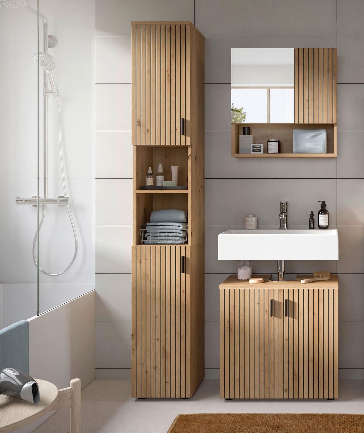 BADEZIMMER 3-teilig  in 90 cm  - Schwarz/Eiche Artisan, Basics, Holzwerkstoff/Kunststoff (90cm) - MID.YOU