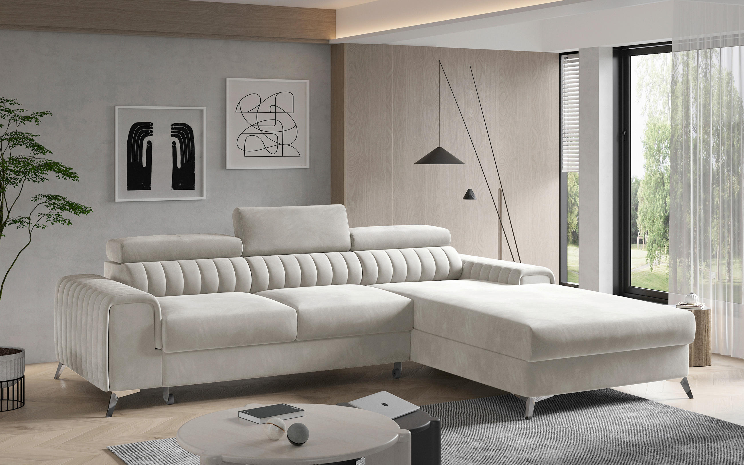 ECKSOFA  Beige Samt  - Beige/Silberfarben, Design, Textil/Metall (278/205cm) - MID.YOU