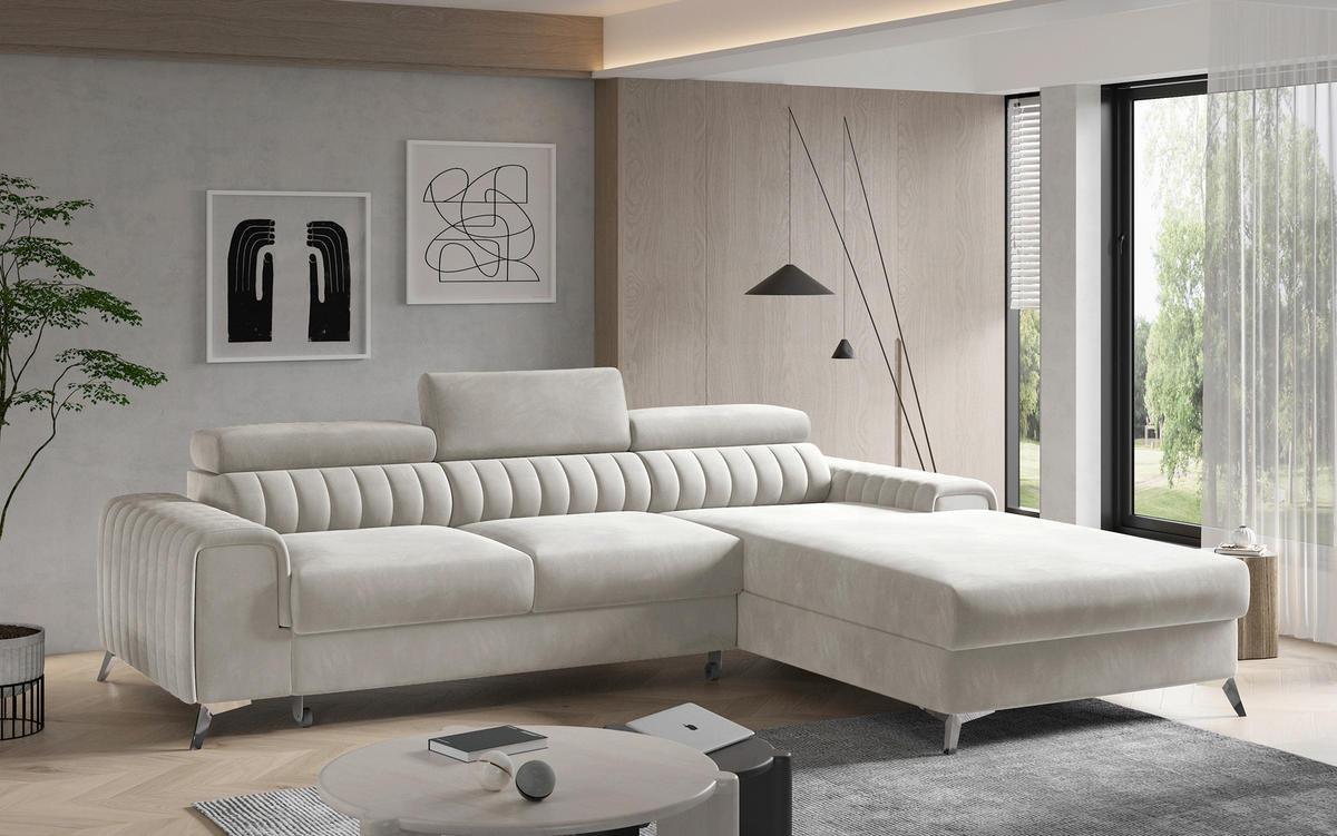 ECKSOFA  Beige Samt  - Beige/Silberfarben, Design, Textil/Metall (278/205cm) - MID.YOU