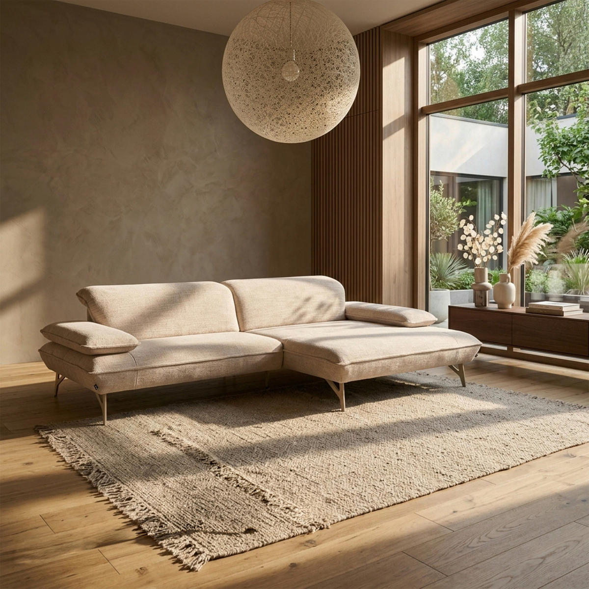ECKSOFA Beige Flachgewebe Rücken echt, Kopfteilverstellung, Sitztiefenverstellung  - Beige, Design, Textil/Metall (165/282cm) - hülsta