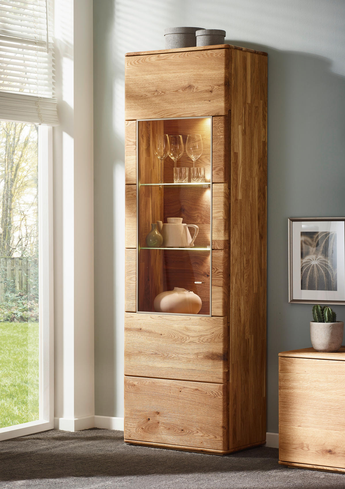 WOHNWAND Denver  in Eichefarben  350/201/48 cm  - Eichefarben/Silberfarben, KONVENTIONELL, Glas/Holz (350/201/48cm) - Linea Natura