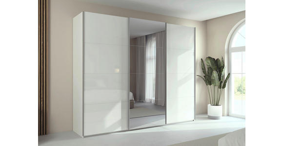 SCHWEBETÜRENSCHRANK 271/223/68 cm 3-türig Weiß Hochglanz, Weiß  - Weiß Hochglanz/Alufarben, Basics, Glas/Holzwerkstoff (271/223/68cm) - Novel