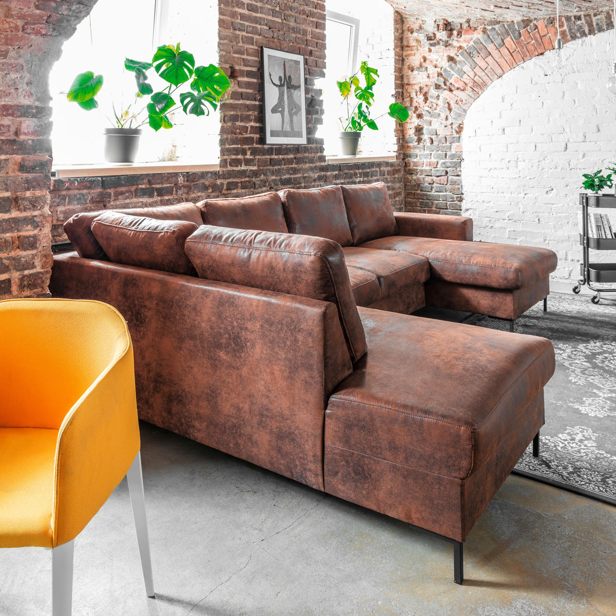 WOHNLANDSCHAFT in Mikrofaser Braun  - Schwarz/Braun, Modern, Textil/Metall (198/304/149cm) - MID.YOU