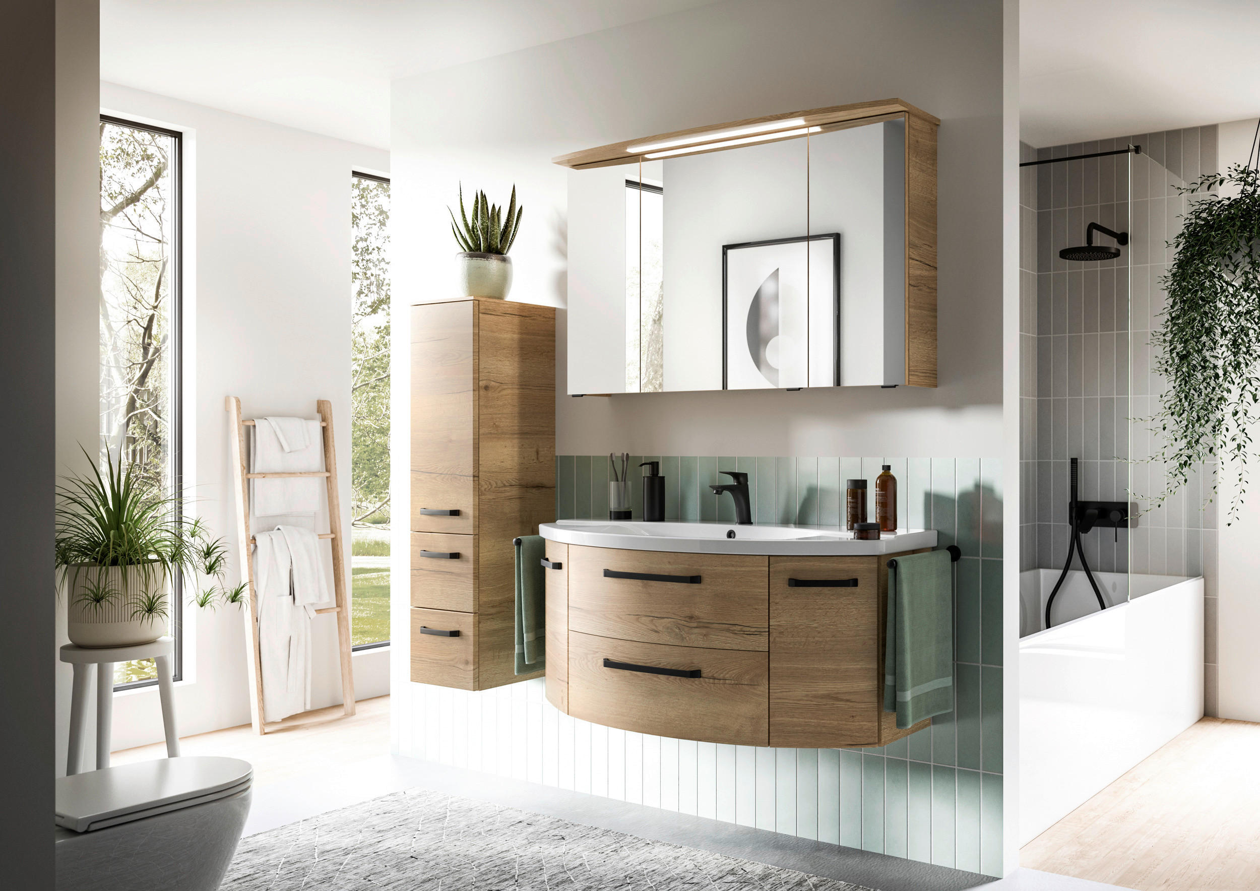BADEZIMMER 3-teilig  in 122 cm  - Eichefarben/Schwarz, MODERN, Glas/Keramik (122cm) - Sadena