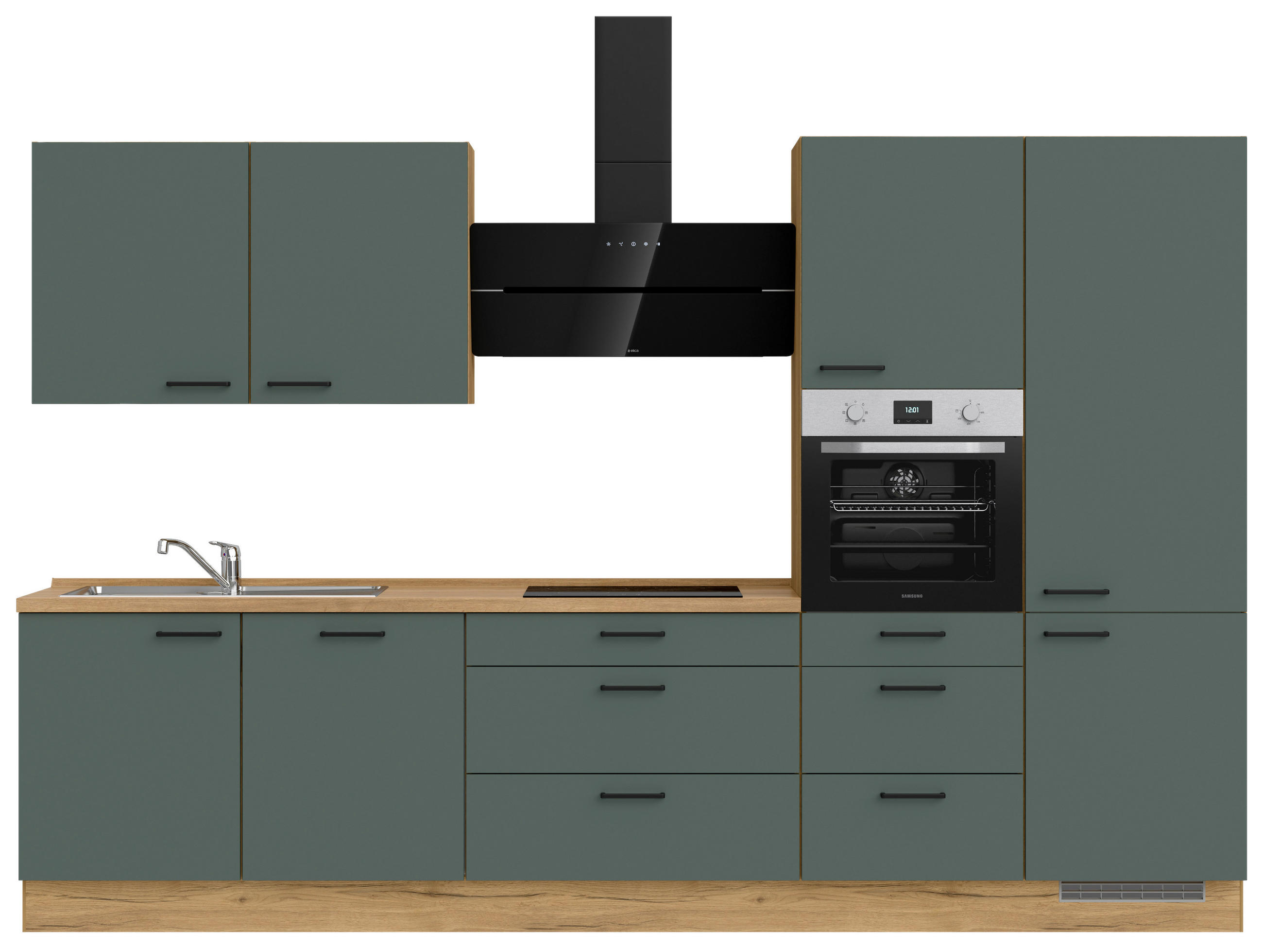 KÜCHENBLOCK 330 cm   in Eichefarben, Dunkelgrün  - Dunkelgrün/Eichefarben, MODERN, Holzwerkstoff/Metall (330cm) - Nobilia