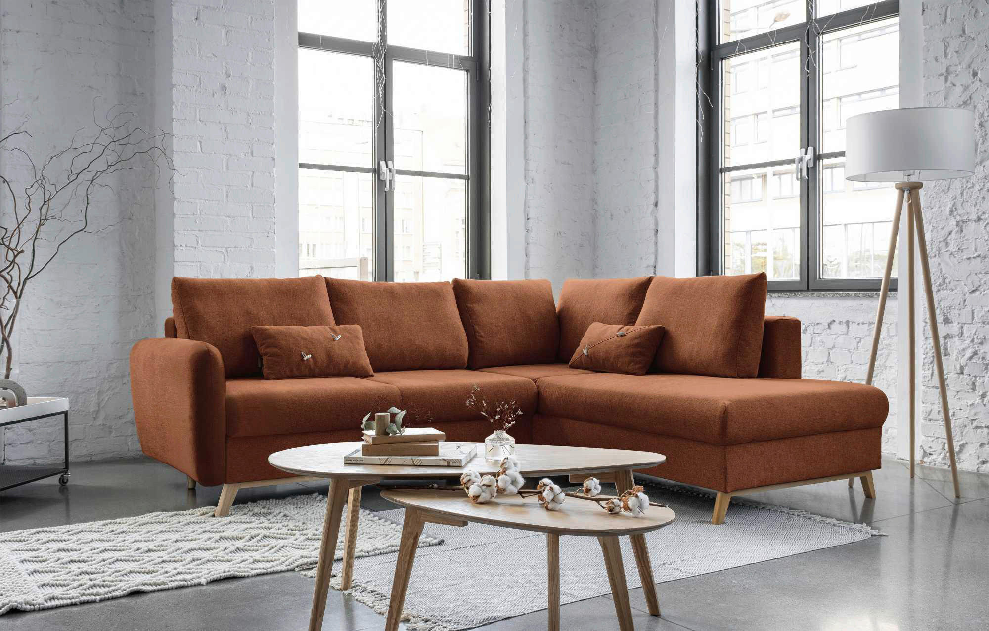 ECKSOFA Terracotta Chenille  - Terracotta/Naturfarben, Holz/Textil (242/202cm) - MID.YOU