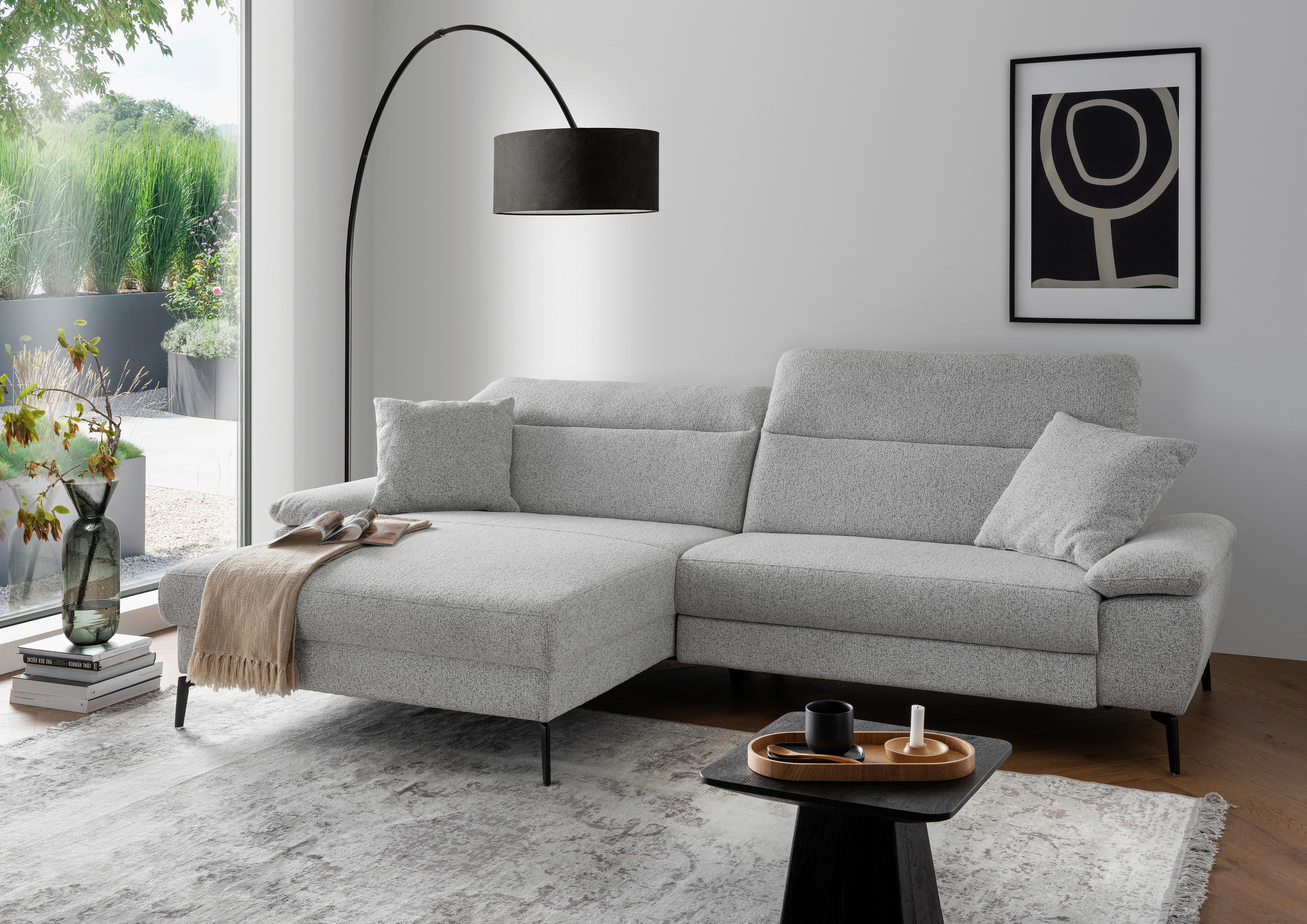 ECKSOFA CANCELLI Hellgrau Struktur Zierkissen, Kopfteilverstellung  - Hellgrau/Schwarz, KONVENTIONELL, Textil/Metall (178/300cm) - Livetastic