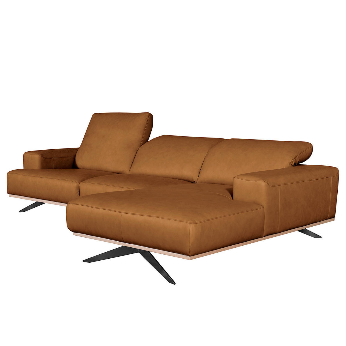 ECKSOFA Cognac Echtleder Rücken echt, Kopfteilverstellung  - Cognac/Schwarz, Design, Leder/Metall (295/187cm) - Livetastic