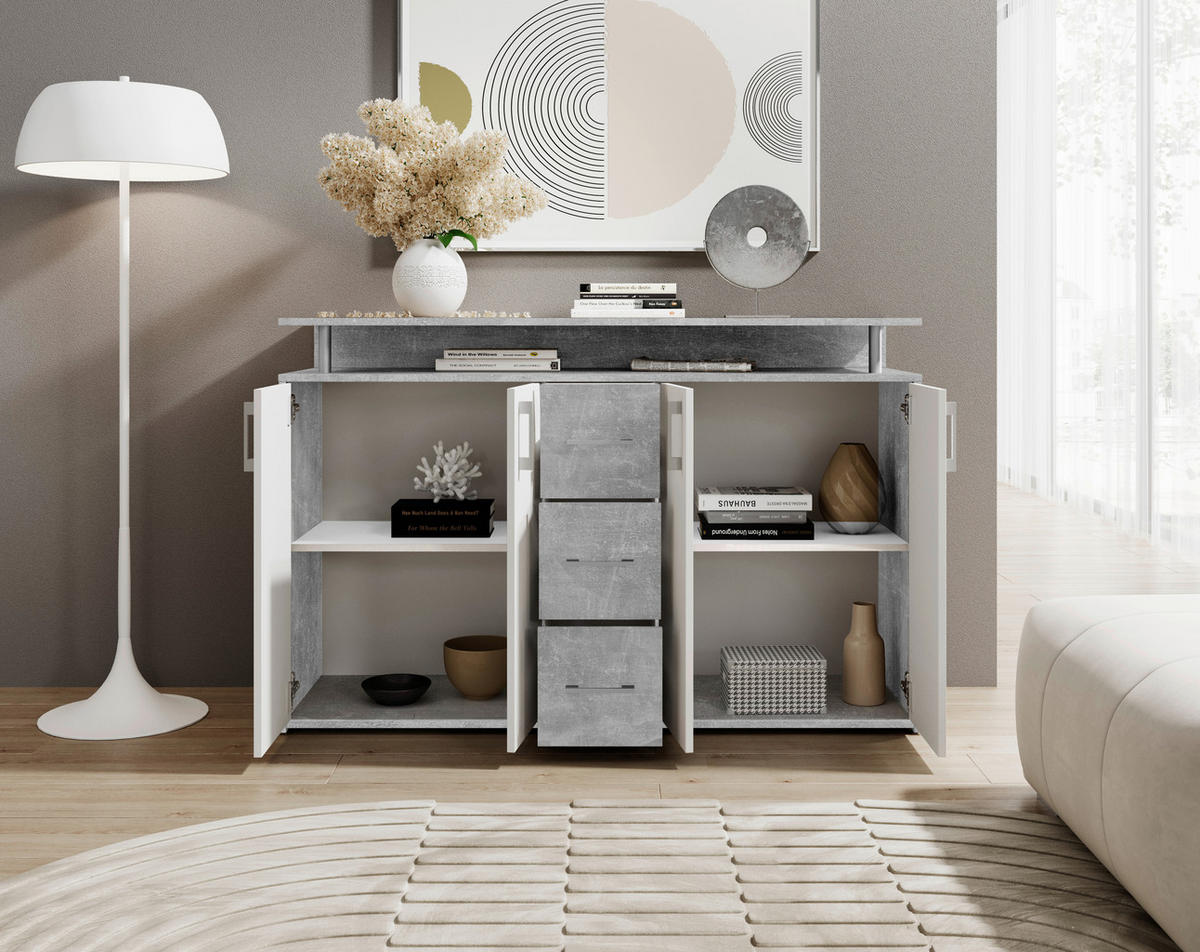 KOMODA   139/90/34 cm   siva, bijela  - bijela/srebrne boje, Design, drvni materijal/plastika (139/90/34cm) - Carryhome