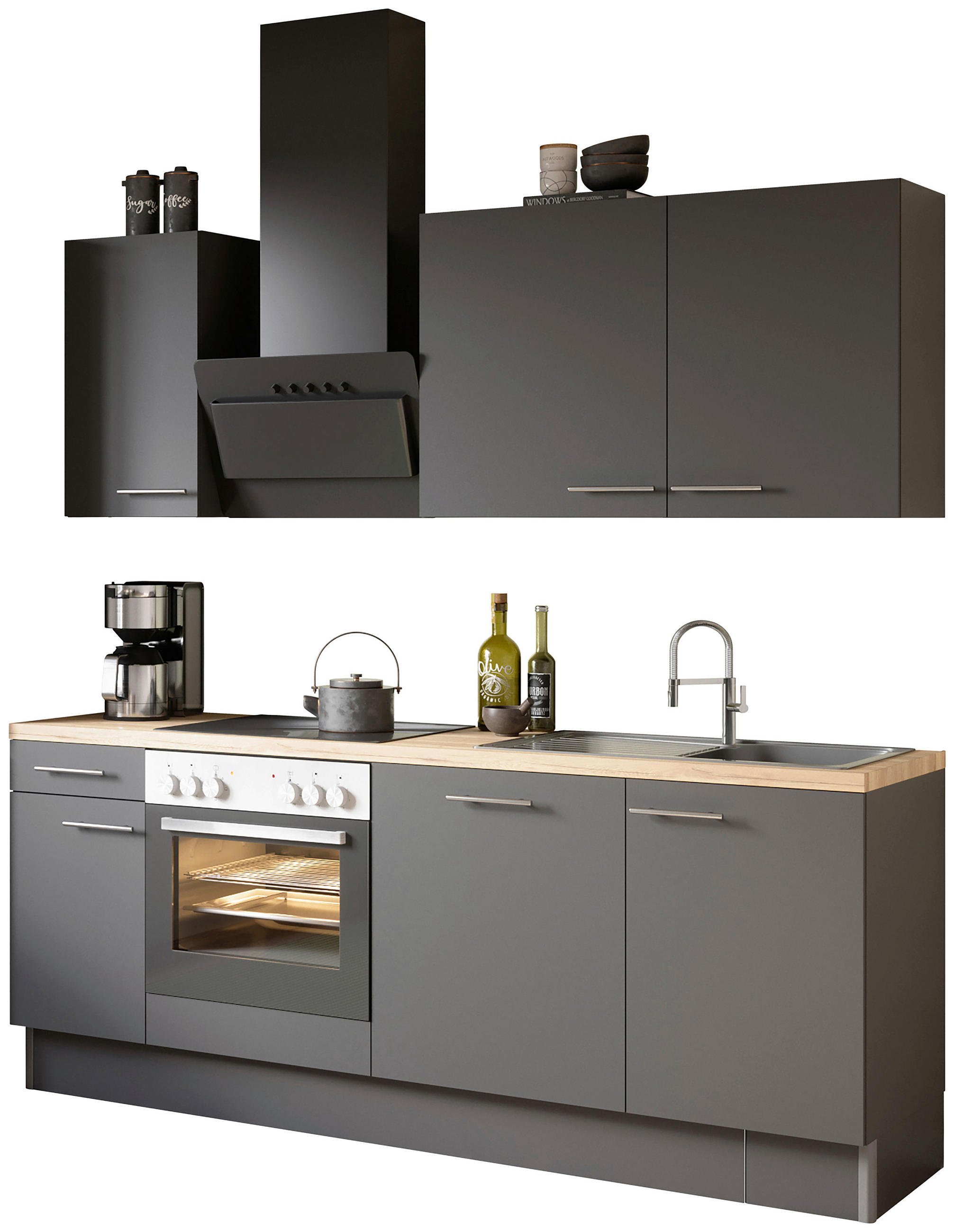 KÜCHENBLOCK 210 cm   in Anthrazit  - Edelstahlfarben/Eichefarben, Basics, Holzwerkstoff/Metall (210cm) - Optifit