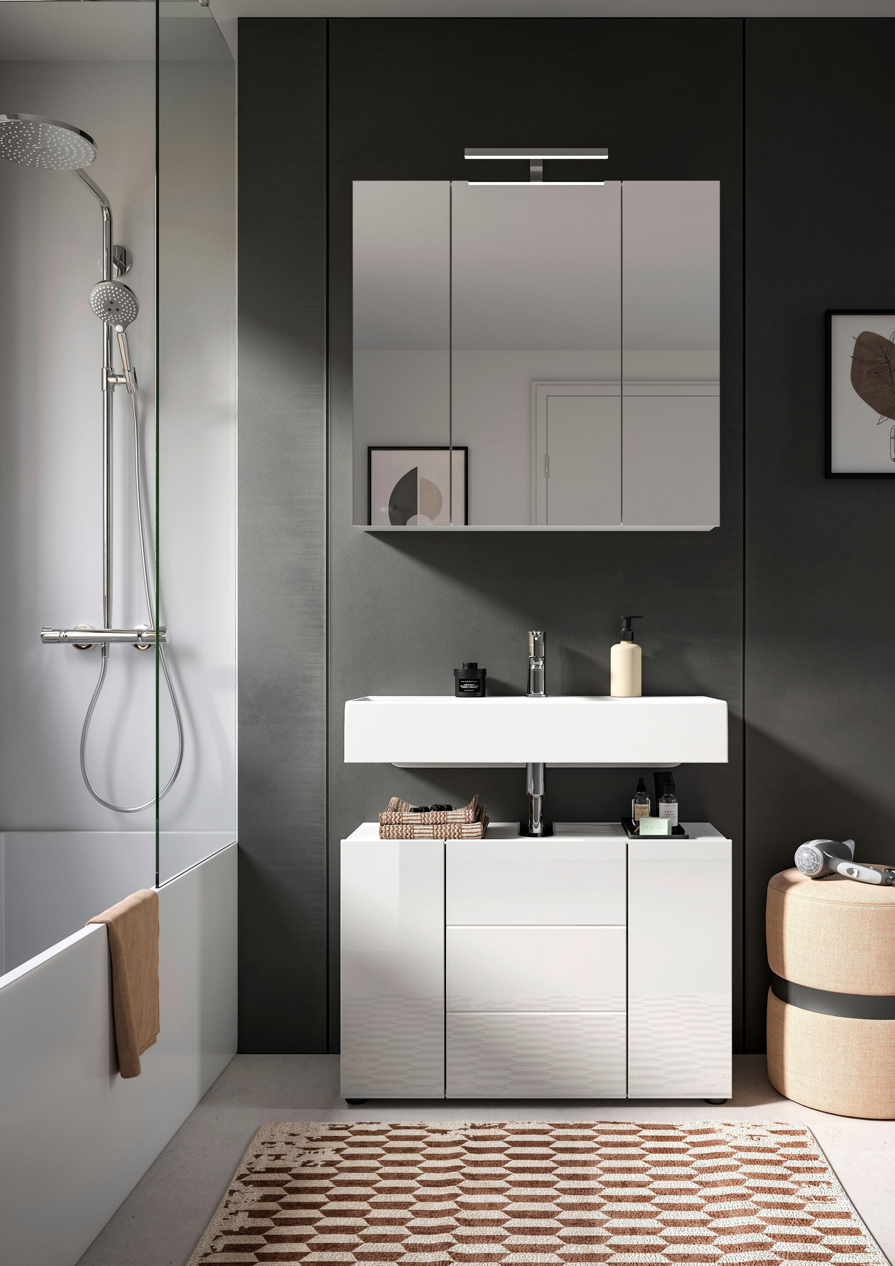 BADEZIMMER 2-teilig  in 82 cm  - Weiß Hochglanz/Schwarz, MODERN, Holzwerkstoff/Kunststoff (82cm) - MID.YOU