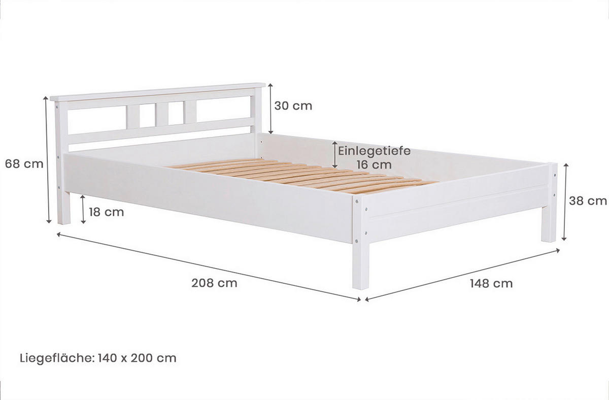 BETT 140/200 cm  in Weiß  - Weiß, KONVENTIONELL, Holz (140/200cm) - MID.YOU