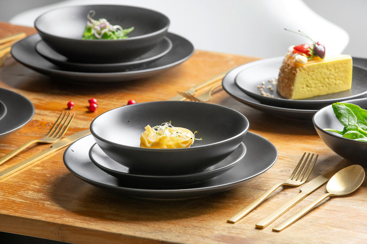 TAFELSERVICE Schwarz Luna 18-teilig  - Schwarz, KONVENTIONELL, Keramik (200null) - Van Well