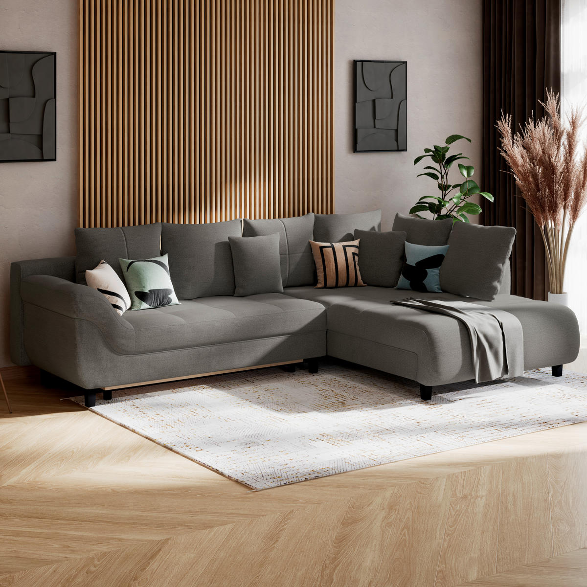 ECKSOFA MENDOZA NEW Anthrazit Chenille, Struktur Zierkissen, Rückenkissen, Bettkasten  - Anthrazit/Schwarz, KONVENTIONELL, Textil (309/197cm) - MID.YOU