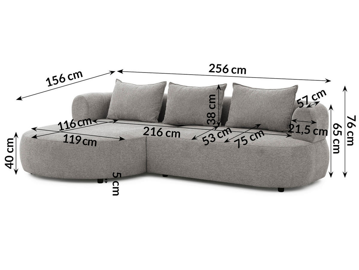 ECKSOFA in Chenille Grau  156/256 cm  - Schwarz/Grau, Design, Kunststoff/Textil (156/256cm) - Livetastic