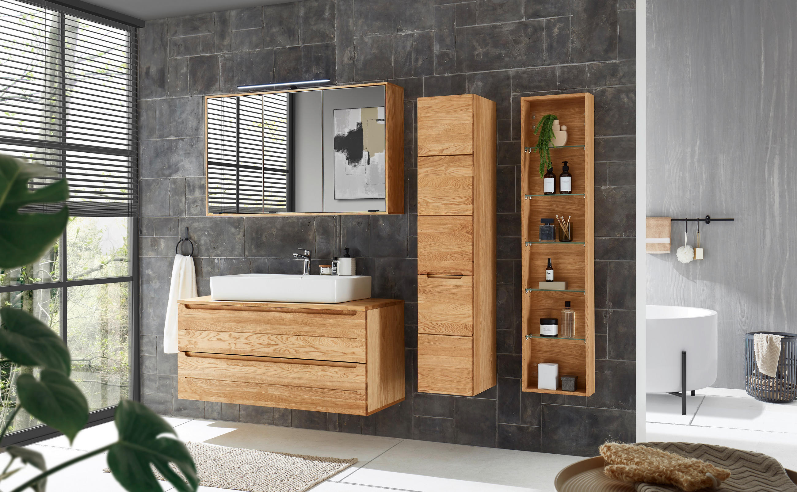 BADEZIMMERREGAL 35/150/12 cm  - Eichefarben, KONVENTIONELL, Glas/Holz (35/150/12cm) - Linea Natura