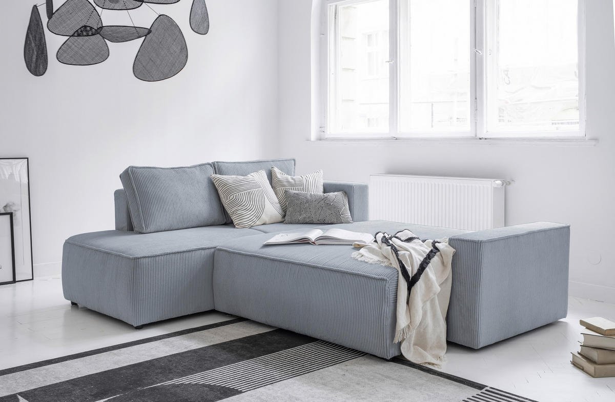 ECKSOFA Hellgrau Cord Rückenkissen, Bettkasten  - Hellgrau/Schwarz, Design, Kunststoff/Textil (194/247cm) - MID.YOU