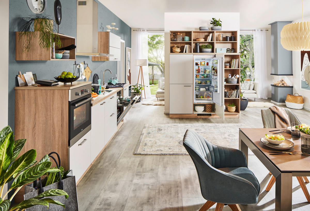 KÜCHENLEERBLOCK  325/180 cm  in Eichefarben, Hellgrau  - Edelstahlfarben/Eichefarben, MODERN, Holzwerkstoff/Metall (325/180cm) - Welnova