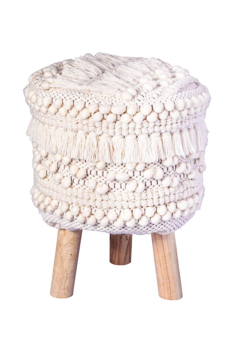 HOCKER Makramee Akazie Weiß - Weiß, Trend, Holz/Textil (38/50/38cm) - Kayoom