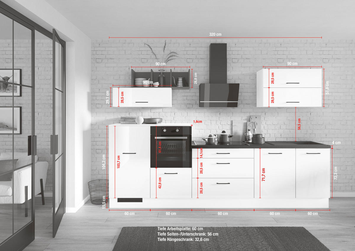 KÜCHENBLOCK 320 cm   in Weiß, Weiß Hochglanz  - Weiß Hochglanz/Schwarz, Trend, Holzwerkstoff/Metall (320cm) - Impuls