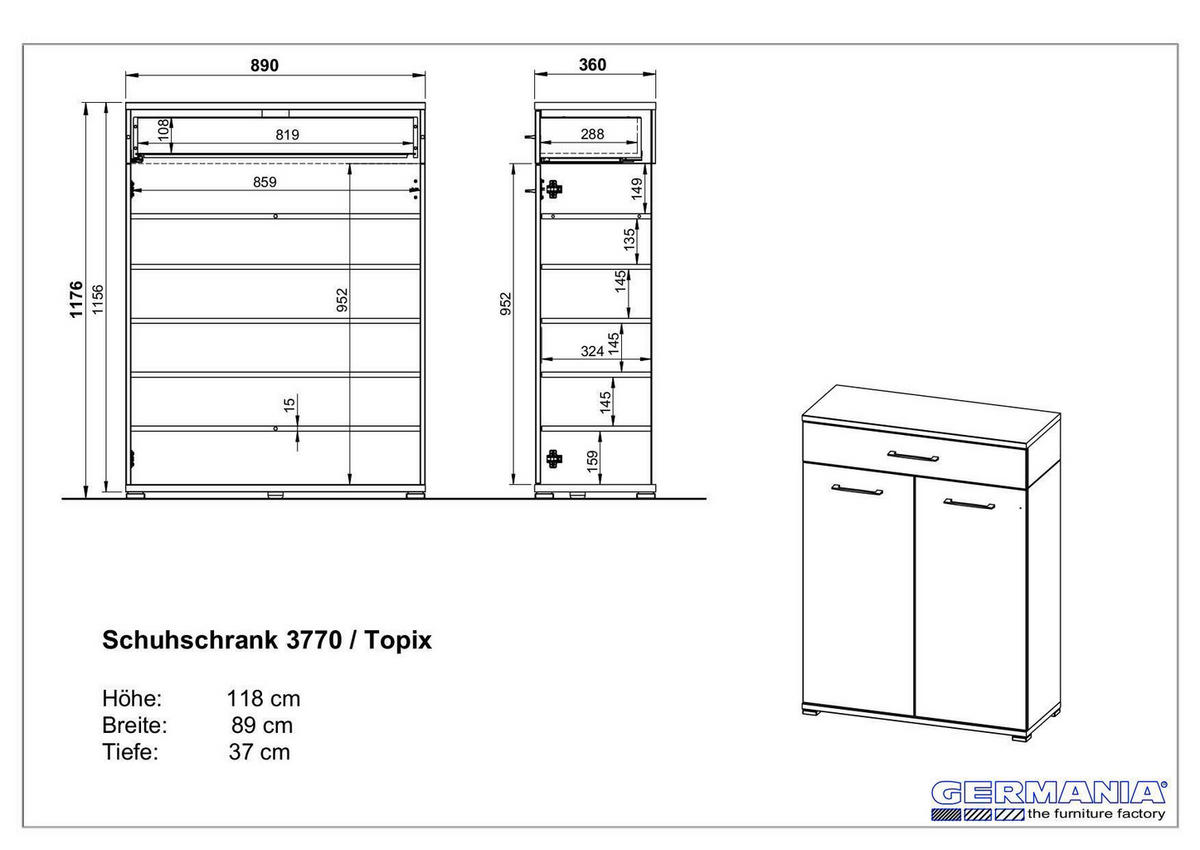 SCHUHSCHRANK 89/118/37 cm  - Eichefarben/Silberfarben, KONVENTIONELL, Holzwerkstoff/Kunststoff (89/118/37cm)