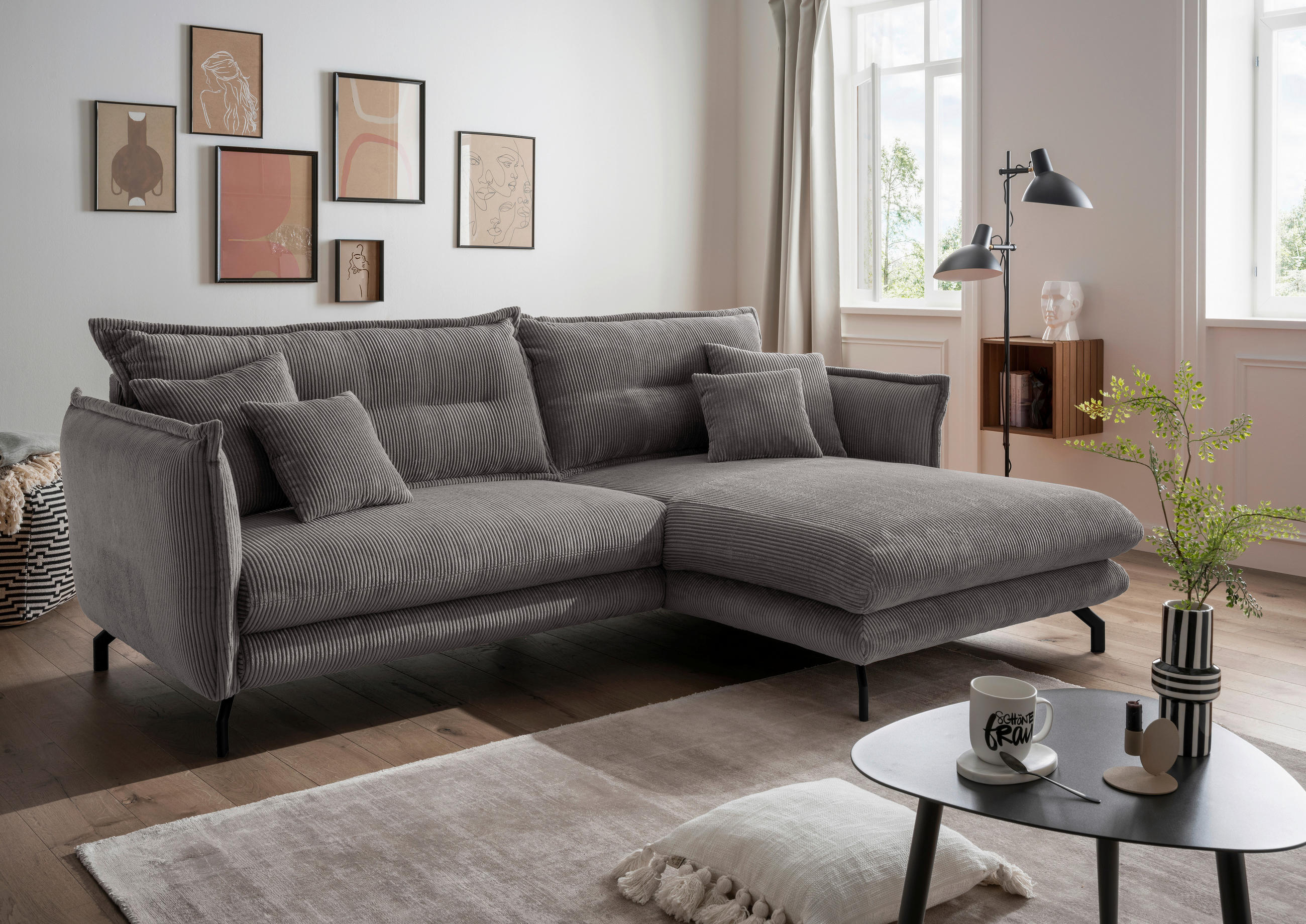 ECKSOFA Grau Cord  - Schwarz/Grau, MODERN, Textil/Metall (255/180cm) - Livetastic