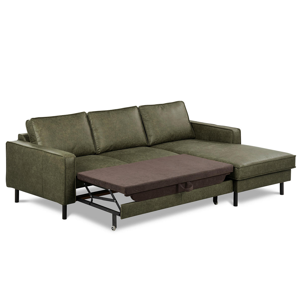 ECKSOFA Grün Echtleder Lederlook Bettkasten, Schlaffunktion, Rücken echt  - Schwarz/Grün, Design, Leder/Textil (166/238cm) - Livetastic