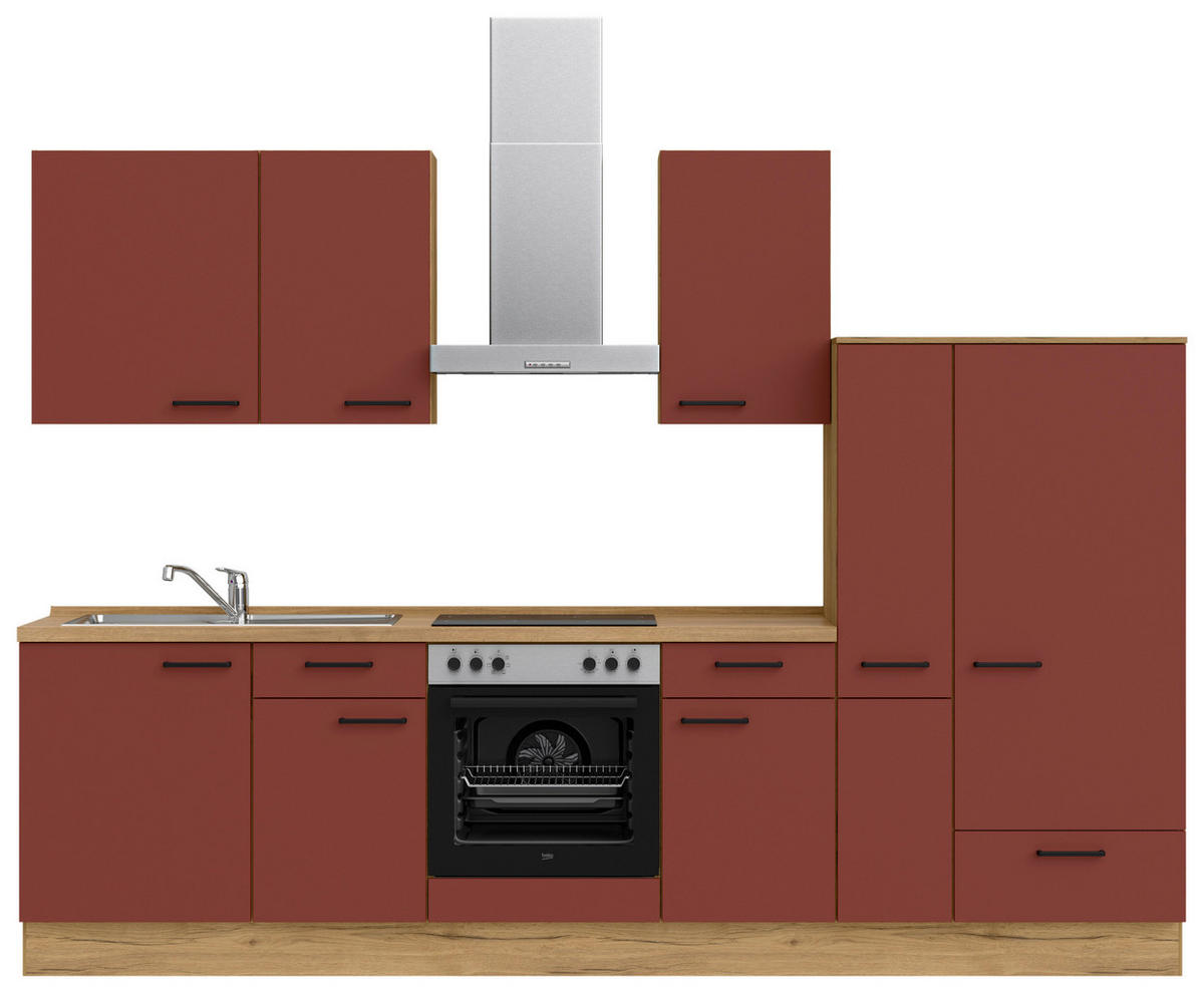 KÜCHENLEERBLOCK 300 cm   in Rot, Eichefarben  - Eichefarben/Rot, MODERN, Holzwerkstoff/Metall (300cm) - Nobilia