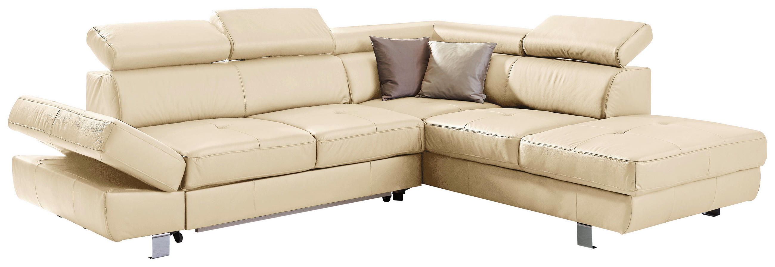 Ecksofa inkl. Funktion Ecru Kombination Echtleder/Lederlook Lederlook Schlaffunktion, Armteilverstellung, Kopfteilverstellung  - Chromfarben/Ecru, Design, Leder/Textil (256/212cm) - Stylife