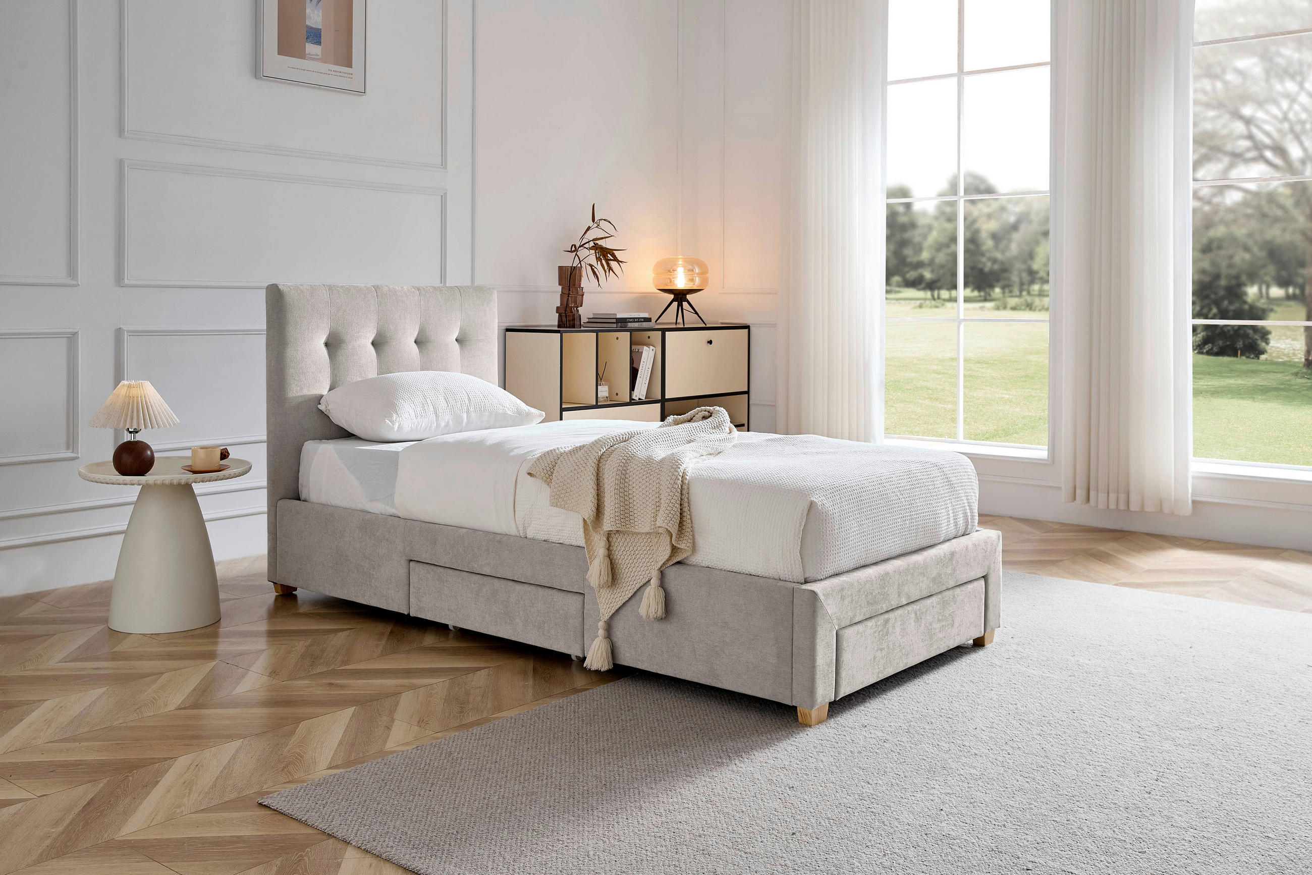 POLSTERBETT 90/200 cm, inkl. gepolstertes Kopfteil, Lattenrost, Bettschubladen,  in Beige  - Beige/Naturfarben, Design, Holz/Textil (90/200cm) - Boxxx