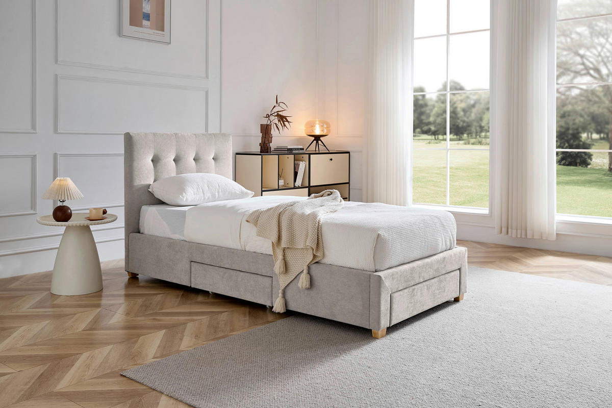 POLSTERBETT 90/200 cm, inkl. gepolstertes Kopfteil, Lattenrost, Bettschubladen,  in Beige  - Beige/Naturfarben, Design, Holz/Textil (90/200cm) - Boxxx