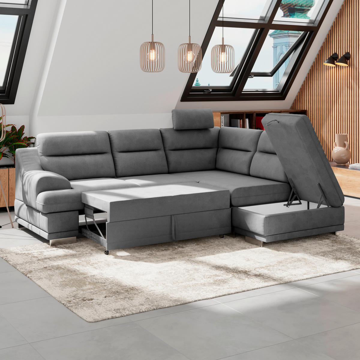 WOHNLANDSCHAFT in Velours Dunkelgrau  - Chromfarben/Dunkelgrau, Konventionell, Textil/Metall (264/217cm) - MID.YOU