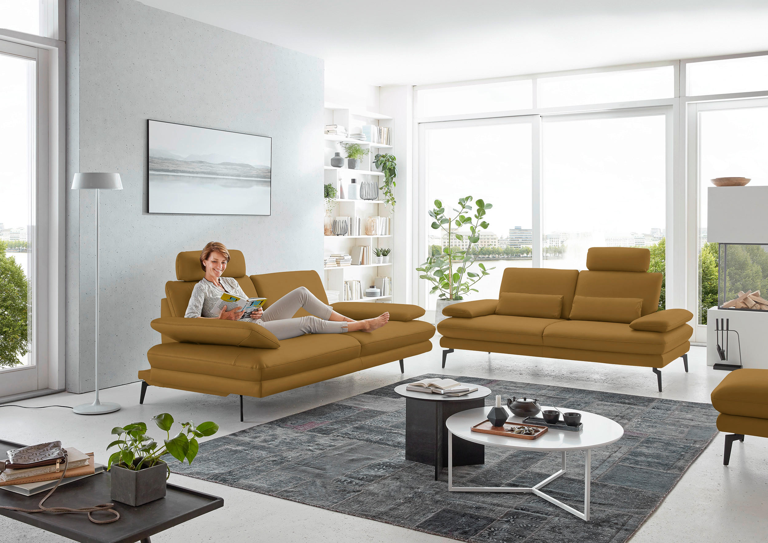 2,5-SITZER in Echtleder Currygelb  - Currygelb/Schwarz, Design, Leder/Metall (196/86/104cm) - Dieter Knoll