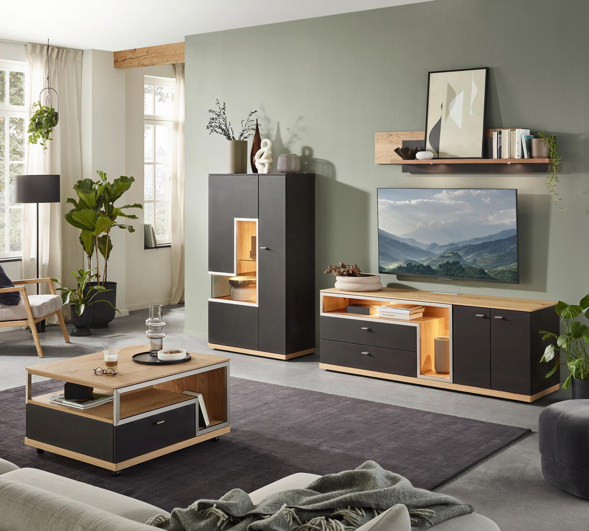 WOHNWAND 3-teilig  in Grau, Eichefarben  290/161/52 cm    - Schieferfarben/Eichefarben, Design, Glas/Holz (290/161/52cm) - Dieter Knoll