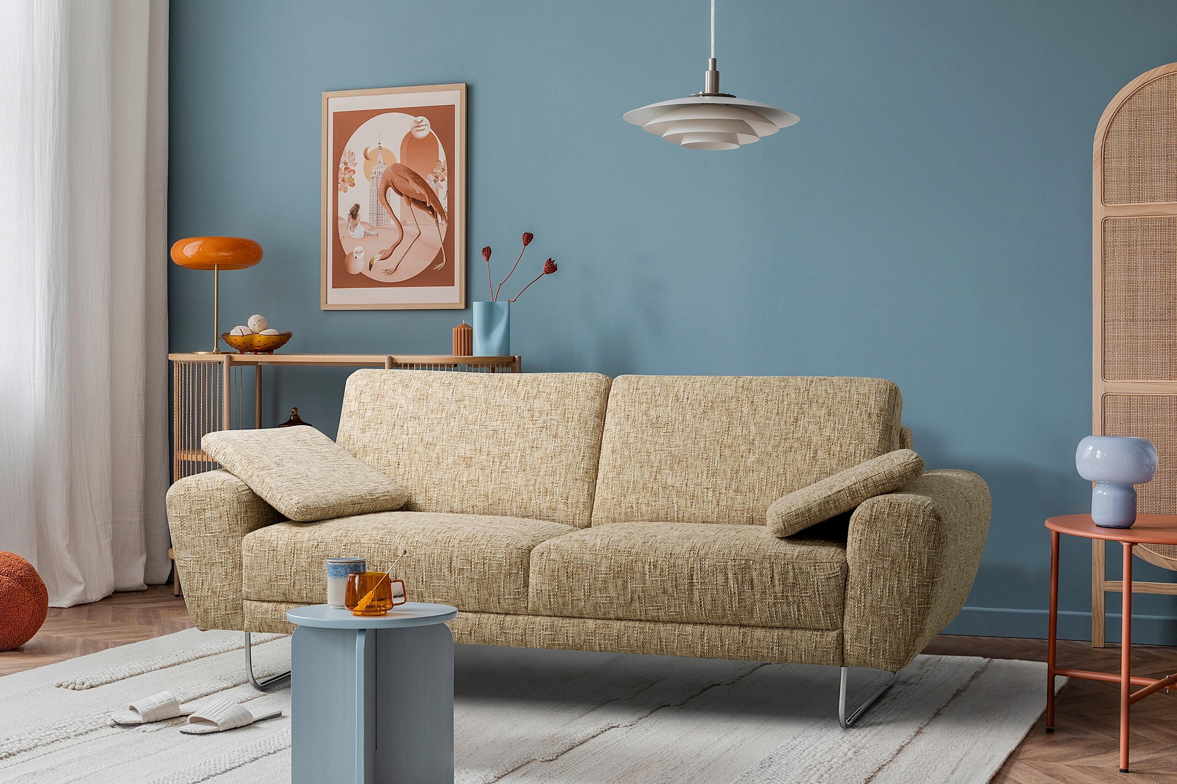 3-SITZER-SOFA SPRING in Webstoff Hellbraun Modern  - Chromfarben/Hellbraun, Design, Textil/Metall (187/85/92cm) - Livetastic