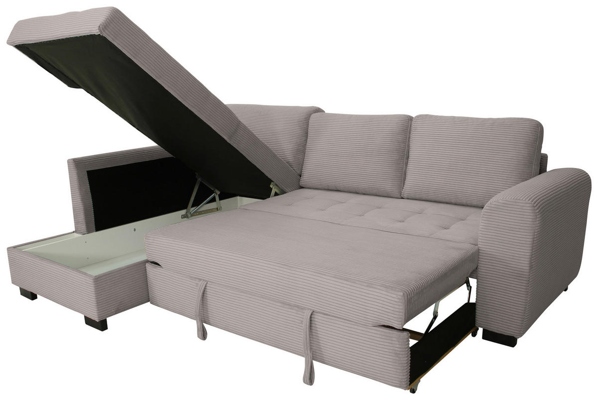 ECKSOFA JOHN Graubraun Cord Rückenkissen, Bettkasten, Liegefläche im Originalstoff  - Graubraun/Schwarz, Trend, Kunststoff/Textil (178/239cm) - P & B