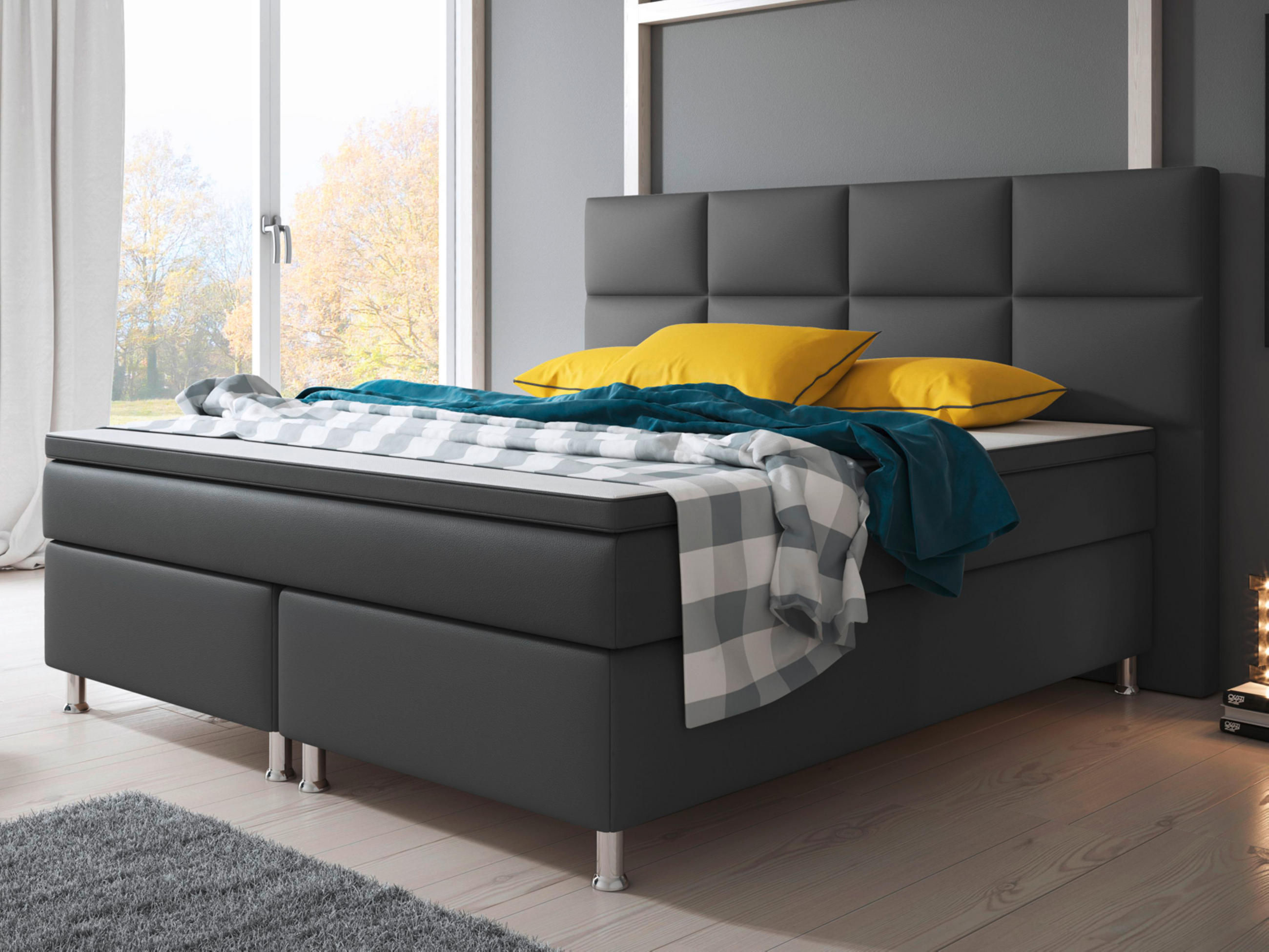 Boxspringbett mit Topper /  in Anthrazit  - Anthrazit/Silberfarben, KONVENTIONELL, Leder/Textil (200/125/210cm) - MID.YOU