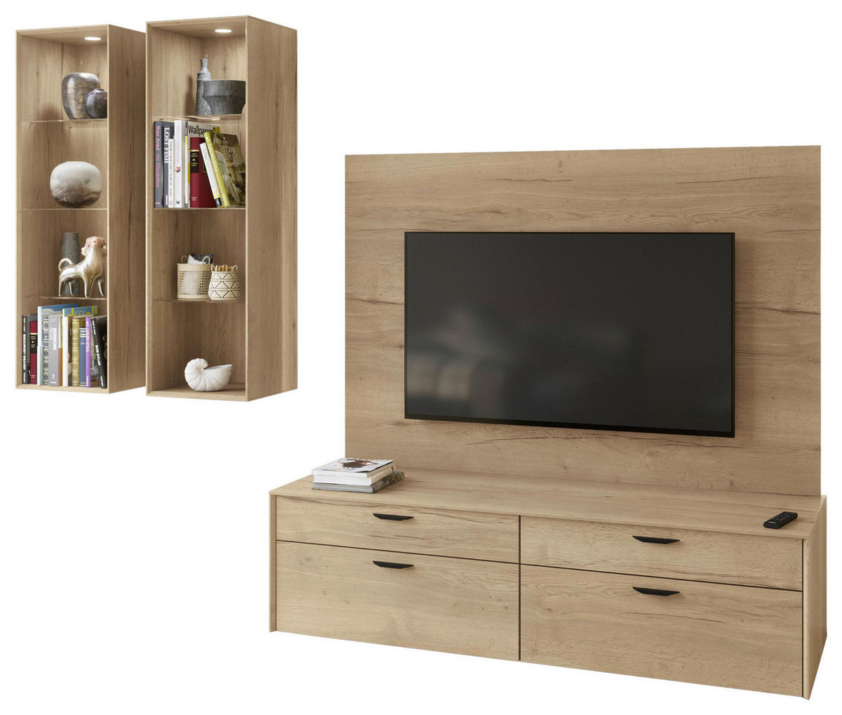 WOHNWAND  in Eichefarben  284/200/59,7 cm  - Eichefarben/Schwarz, Design, Glas/Holzwerkstoff (284/200/59,7cm) - Celina Home