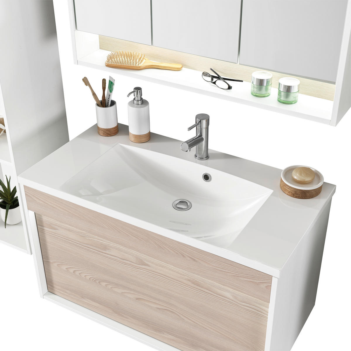 BADEZIMMER  in 90 cm  - Eschefarben/Weiß, KONVENTIONELL, Glas/Holzwerkstoff (90cm) - Voleo