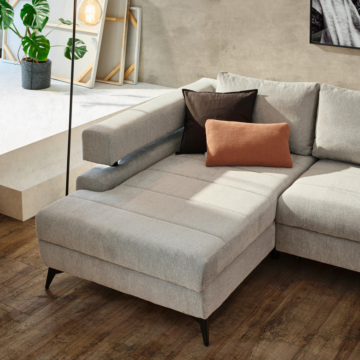 ECKSOFA in Chenille Hellgrau  - Hellgrau/Schwarz, Konventionell, Textil/Metall (184/265cm) - Hom`in