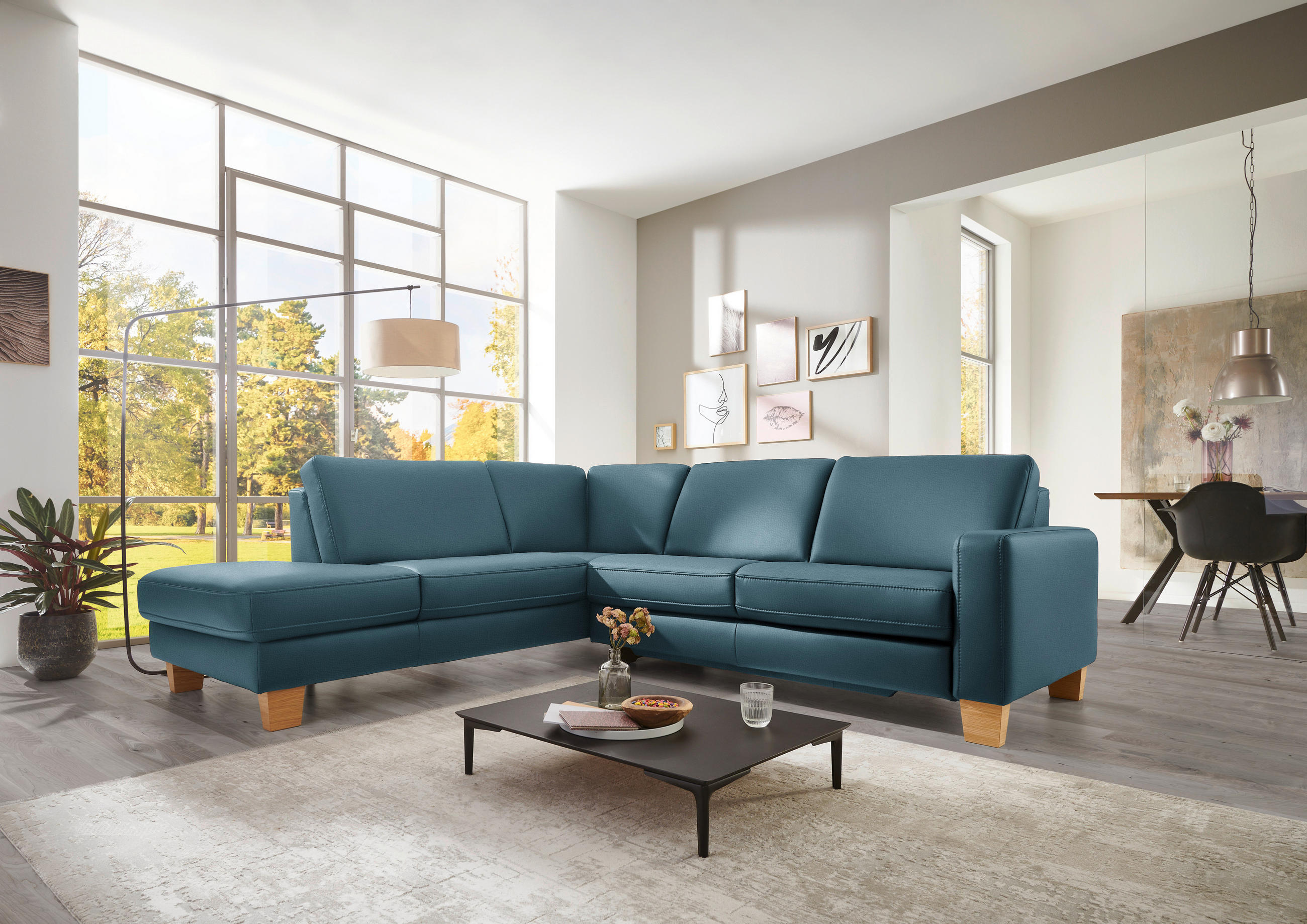 ECKSOFA in Echtleder Blau  - Blau/Eiche Bianco, Konventionell, Leder/Holz (235/257cm) - Valdera