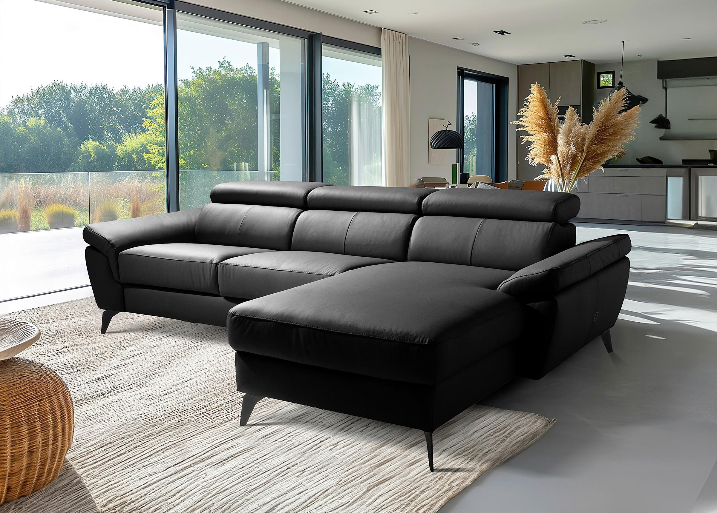 ECKSOFA SONO in Lederlook Echtleder Schwarz Armteilverstellung, Kopfteilverstellung  252/179 cm  - Schwarz, Design, Leder/Textil (252/179cm) - Livetastic