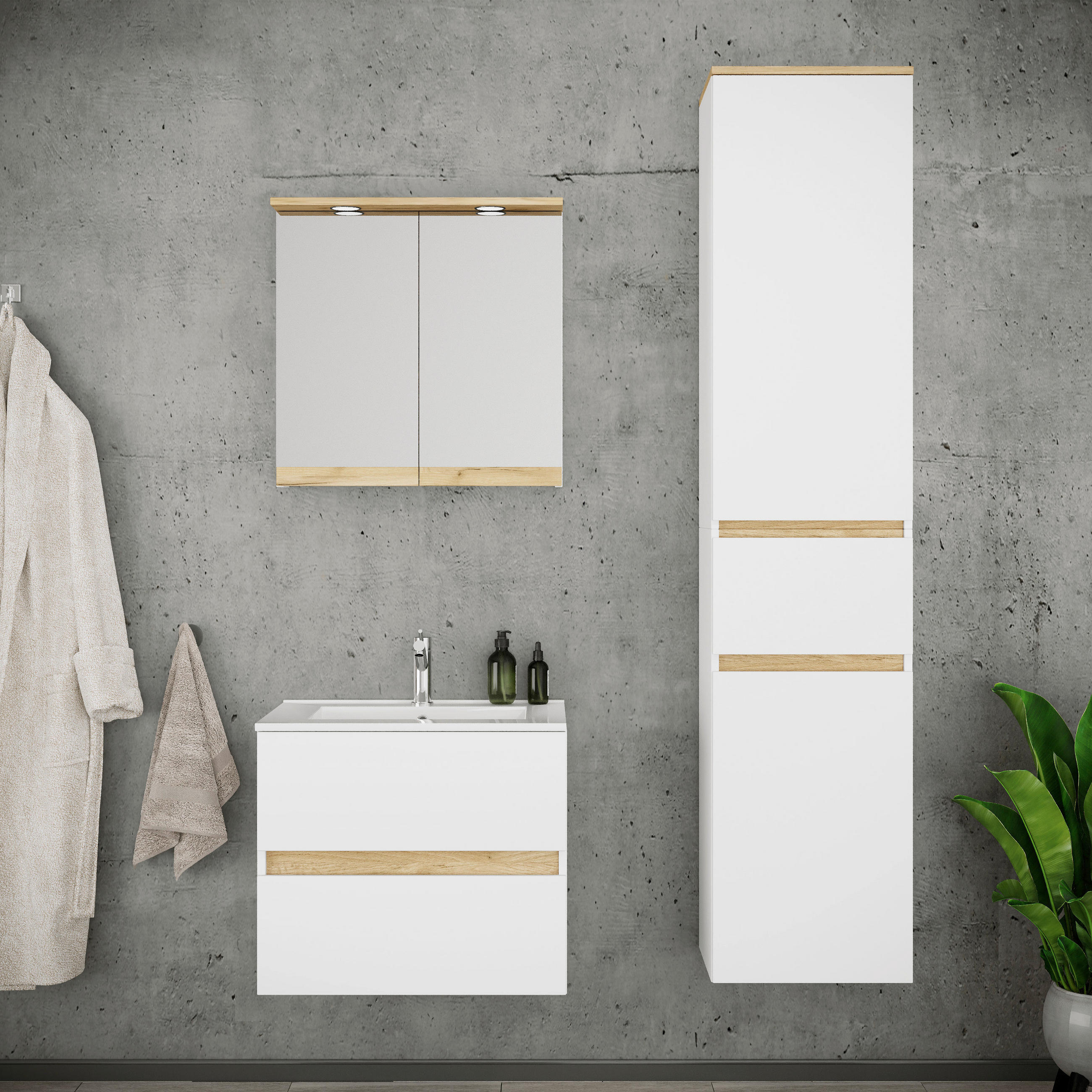 BADEZIMMER 4-teilig 101 cm  - Honigeiche/Weiss, Trend, Keramik/Holzwerkstoff (101cm) - MID.YOU