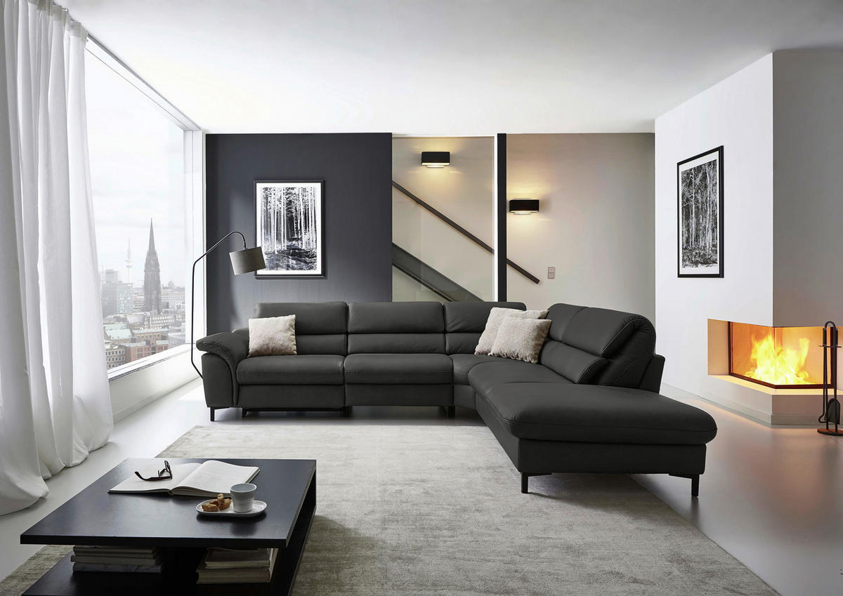 ECKSOFA Valdera Schwarz Echtleder  - Schwarz, Design, Leder/Metall (280/246cm) - Hukla