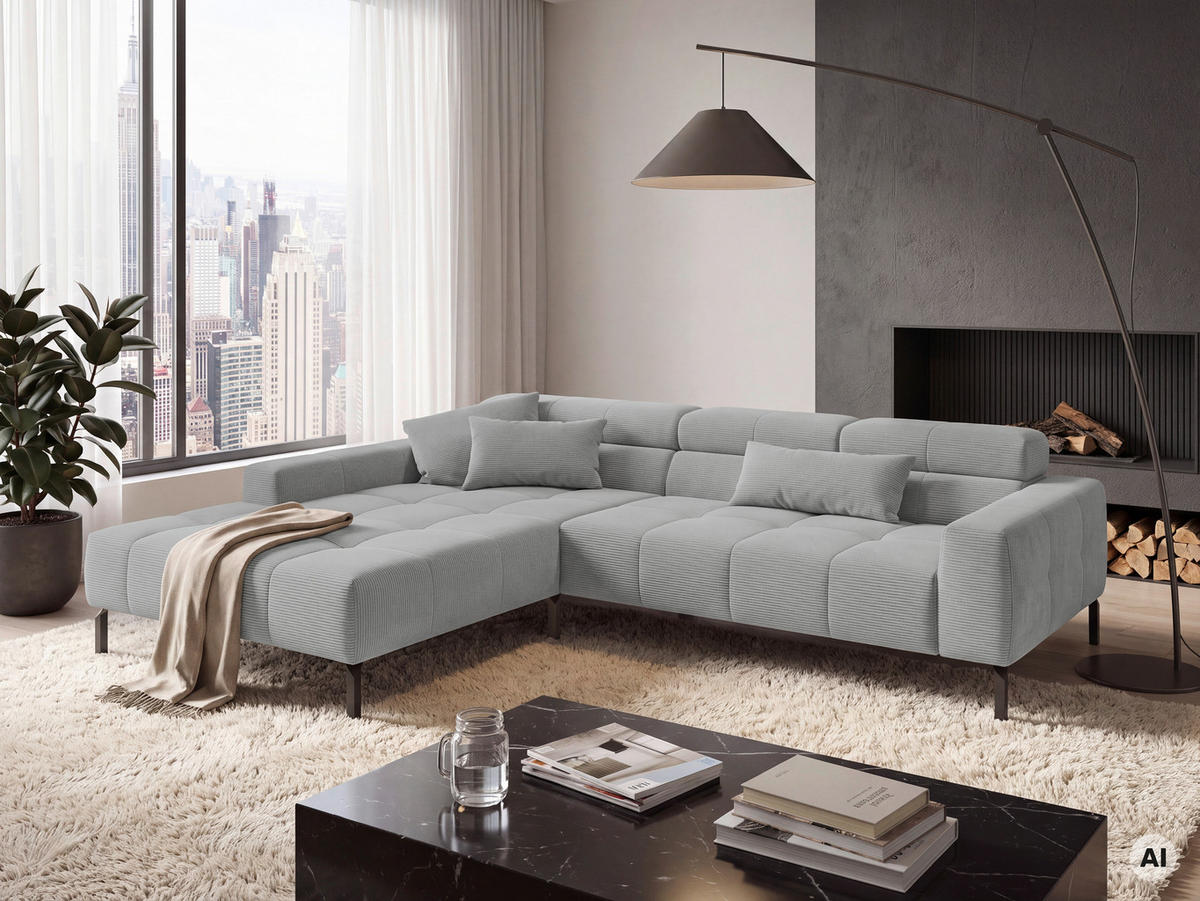 ECKSOFA Silberfarben Feincord Rücken echt, Kopfteilverstellung, Sitztiefenverstellung  - Silberfarben/Schwarz, KONVENTIONELL, Textil/Metall (226/293cm) - Hom`in