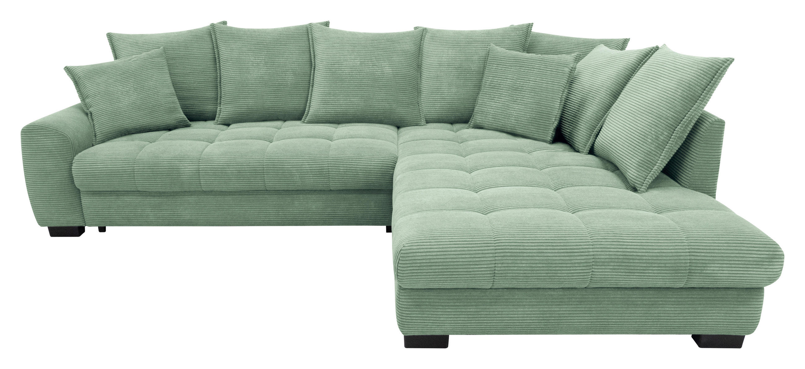 ECKSOFA Pastellgrün Cord Rückenkissen, Armlehnenkissen, Bettkasten, Schlaffunktion, Rücken echt, Liegefläche im Originalstoff  - Pastellgrün/Schwarz, KONVENTIONELL, Kunststoff/Textil (304/212cm) - Carryhome
