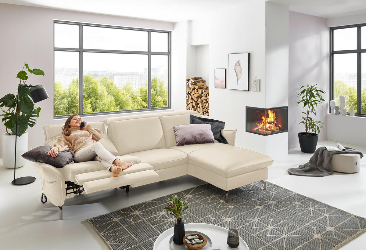 ECKSOFA Ecru Lederlook (vegan)  - Ecru/Nickelfarben, MODERN, Textil/Metall (233/179cm) - Livetastic