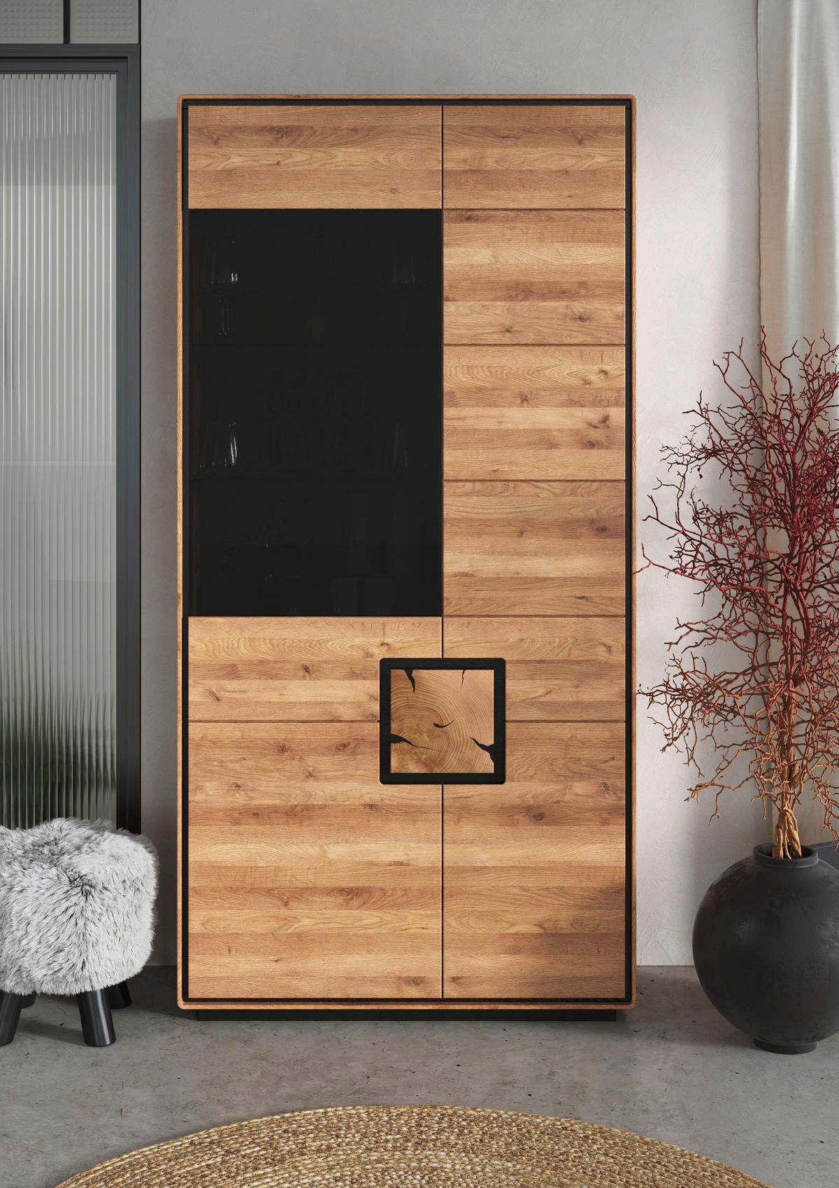 VITRINE  in massiv Wildeiche Schwarz, Wildeiche  - Wildeiche/Schwarz, Basics, Holz (100/203/40cm) - Livetastic